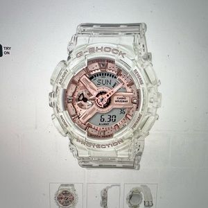 G-Shock Ladies’ S Series Clear Resin Watch with Rose Gold-Tone Chronograph Dial.